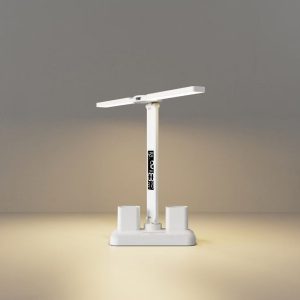 両頭 LED 目に優しいデスクライト 時間・温度表示機能付き ペン立て収納一体型 学生学習用無ちらつき無ブルーライトライト 3 色温度調整 5 段階輝度調整 折りたたみ USB 充電式 オフィス・寝室・寮用汎用ライト
