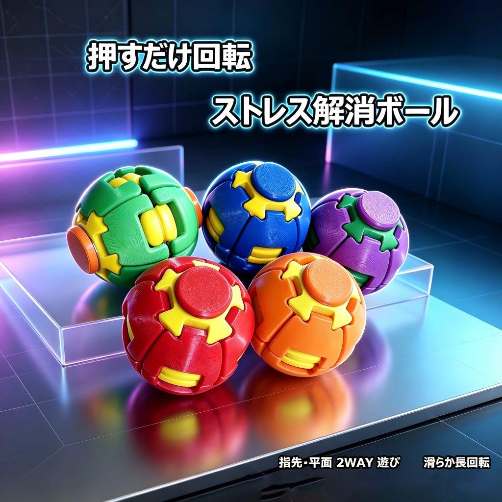青年サイズ 3D プリント押しスピナーボールは工業 PLA 素材一体くり抜き造形、押す回す 2WAY メカ操作、静音構造でオフィス・自習デスクに最適。ロゴ・カラーカスタマイズ OEM 対応、EDC コレクション・企業ノベルティに人気の手作りフィジェットです。