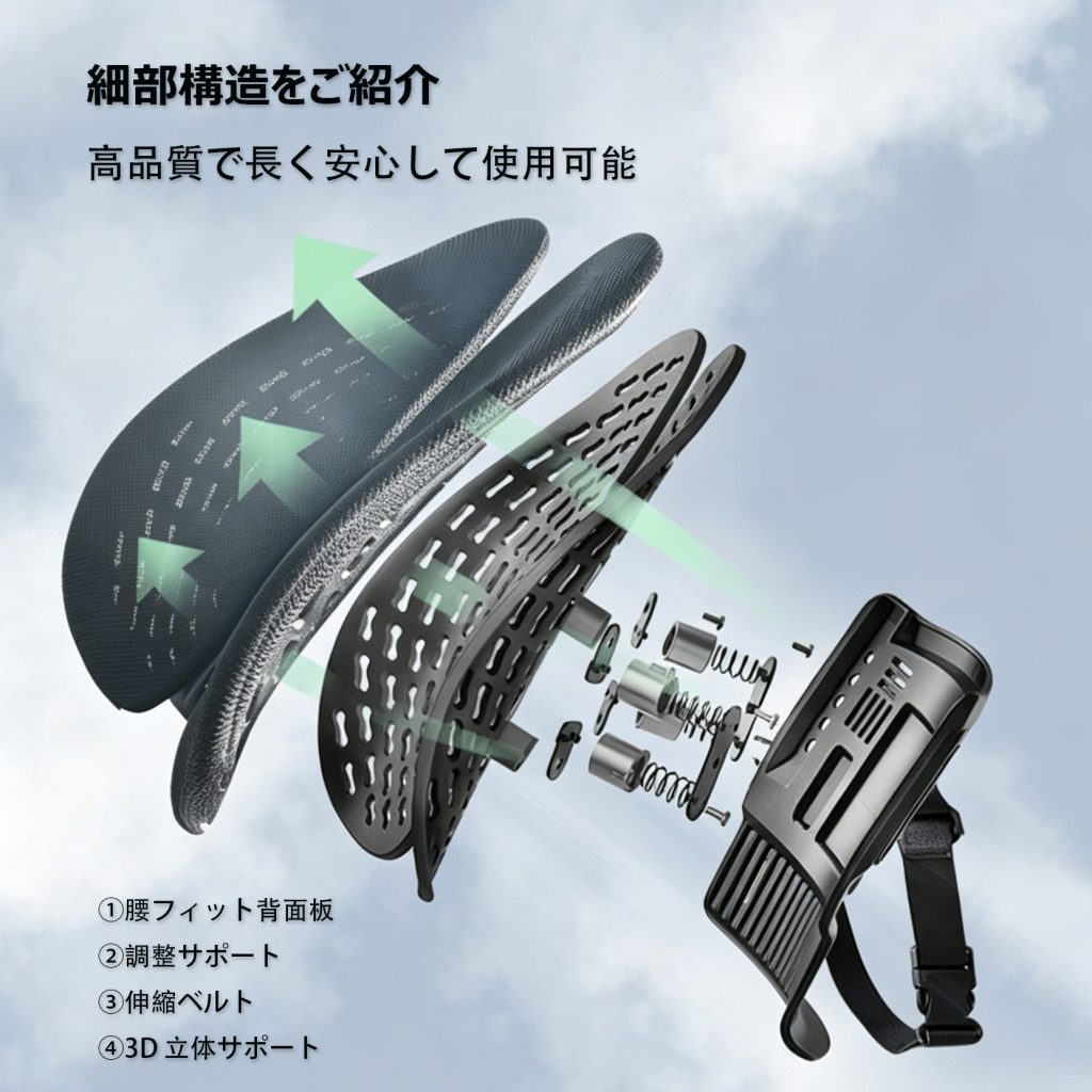 エアバッグ調整式 半包み人間工学腰クッション 通気 3D メッシュ オフィス・車両兼用 長時間座り腰疲れ緩和 運転デスクワーク腰サポートパッド