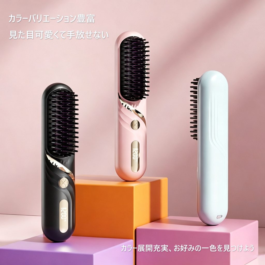 コードレス ストレートブラシ マイナスイオン 4 段階温度調節 LED 温度表示 自動電源オフ ミニ携帯型 ヘアアイロン 出張 旅行 オフィス用 髪まとめ くせ毛補正
