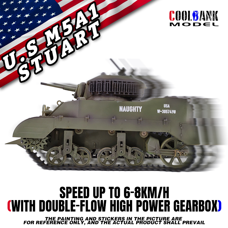 COOLBANK G2079 1/16 第二次世界大戦 M5A1 スチュアート軽戦車 2.4GHz 15ch フルプロポラジコン 360° 砲塔回転 砲撃リコイル・発光・実車サウンド 遠隔発煙機能 双流動力金属ギア 4 種軍用塗装 軍事ファン・RC コレクター向け 大人向け軍事 RC コレクションモデル
